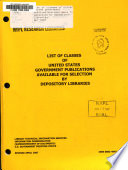 Book List of Classes of United States Government Publications Available for Selection by Depository Libraries