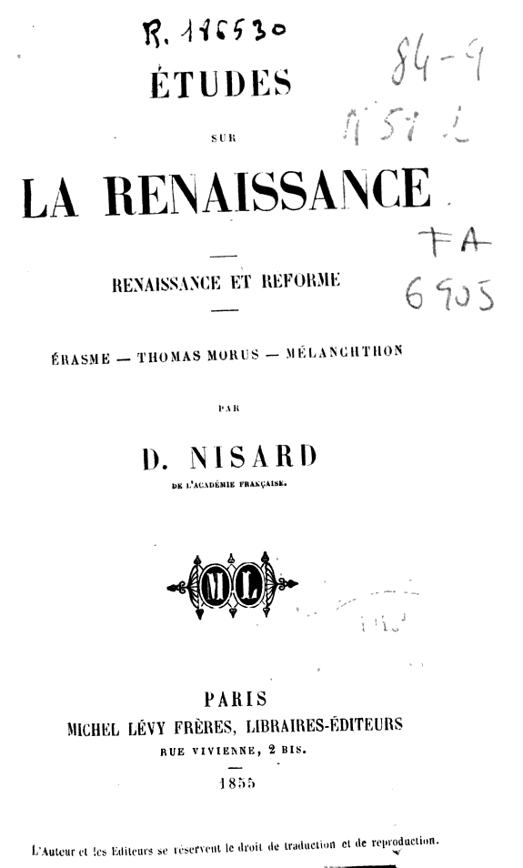 Études sur la Renaissance :renaissance et réforme : Érasme, Thomas Morus, Mélanchthon /