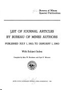 List of Journal Articles by Bureau of Mines Authors, with Subject Index