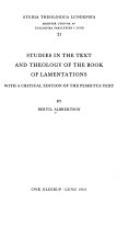 Studies in the Text and Theology of the Book of Lamentations with a Critical Edition of the Peshitta Text